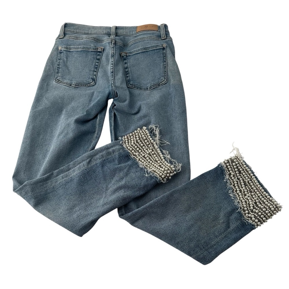 7 For All Mankind Luxe Vintage Pearl Embellished Distressed Blue Jeans Denim